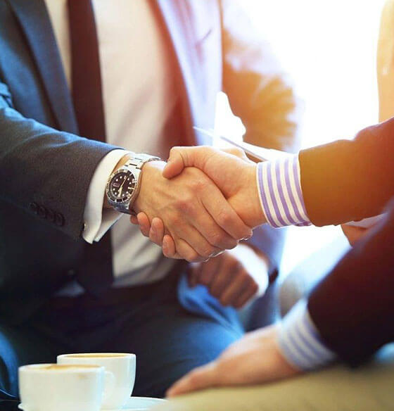 Two professionals shaking hands at a business meeting